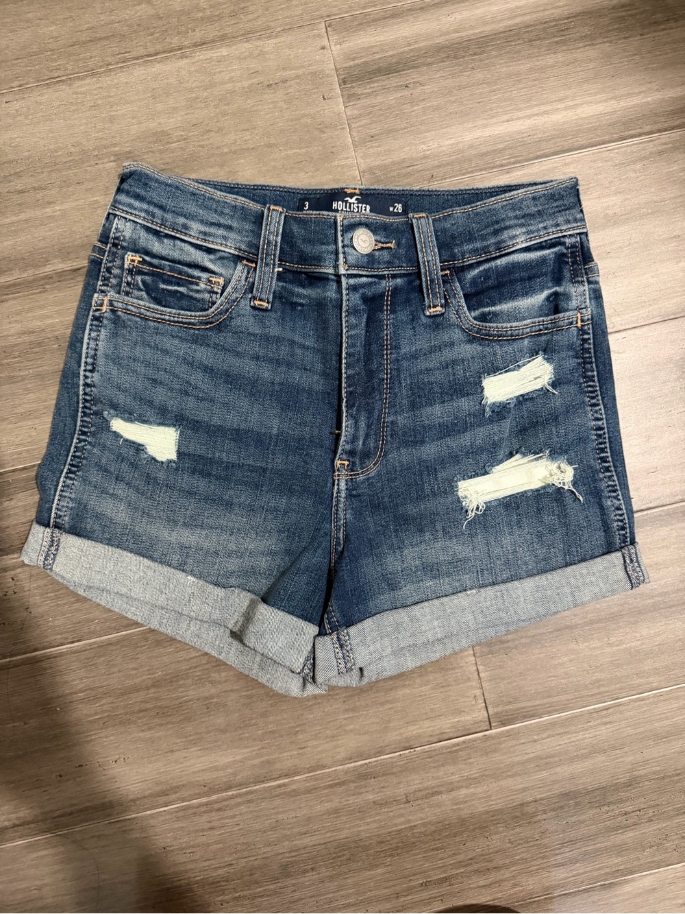 Hollister Rolled Cuff Dark Blue Distressed Jean Shorts